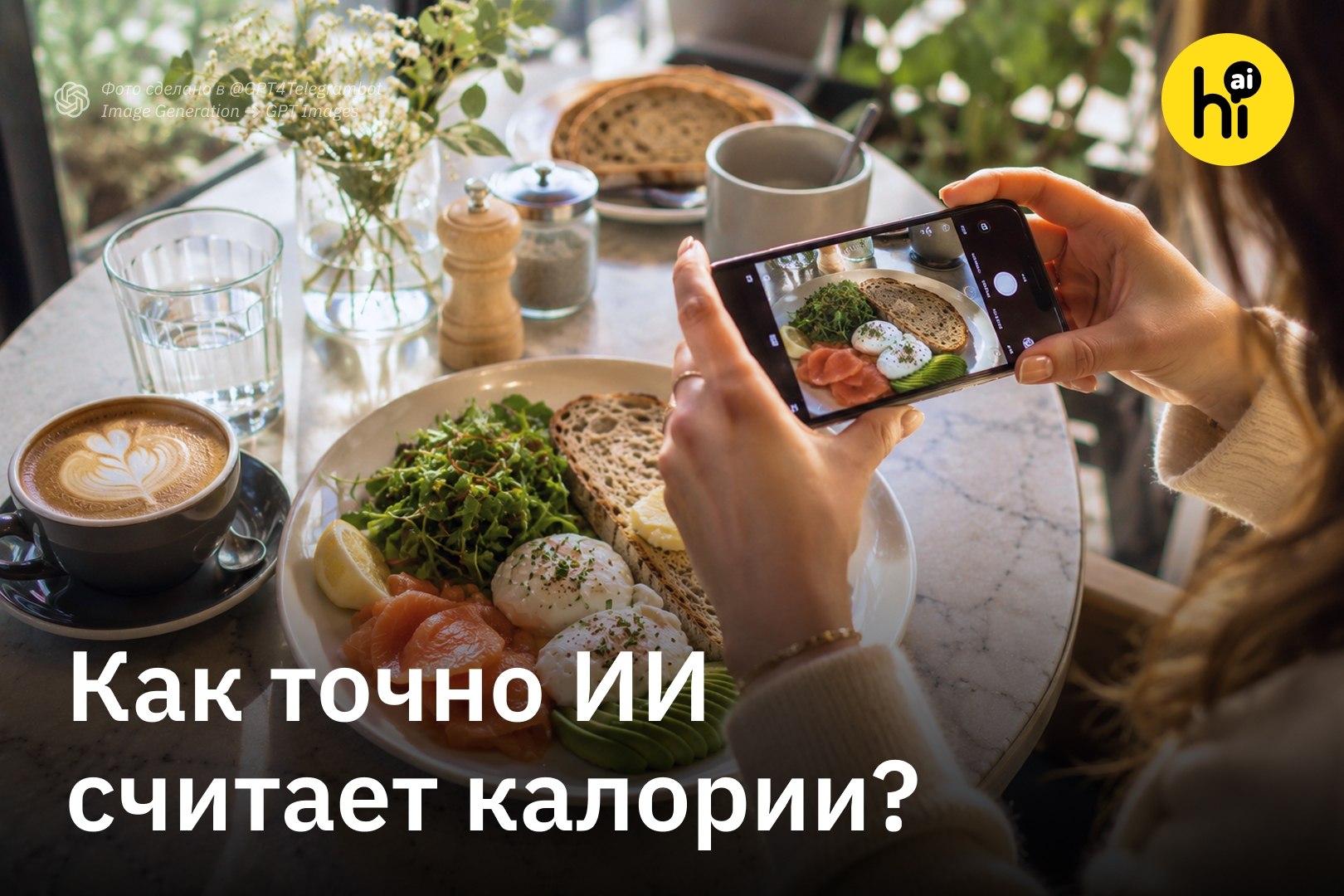 Смартфон с приложением для подсчета калорий и тарелка еды