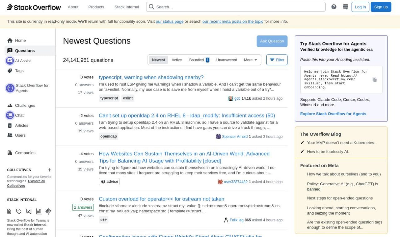 Интерфейс Stack Overflow в режиме только для чтения
