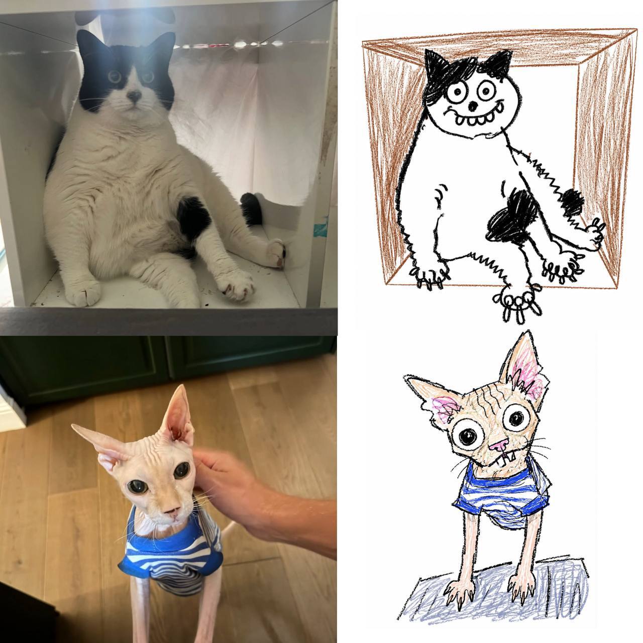 Смешная карикатура кота в стиле детского рисунка