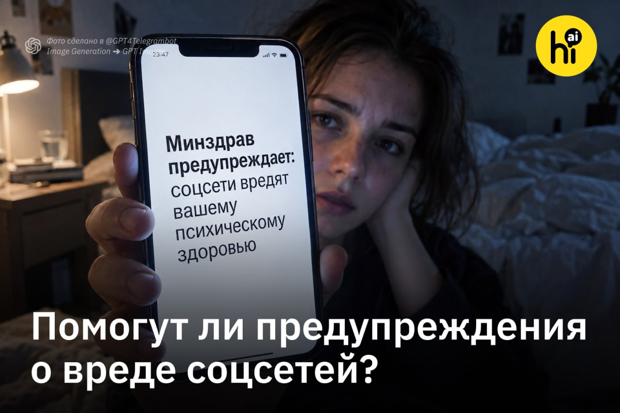 Человек держит телефон с предупреждением о вреде соцсетей