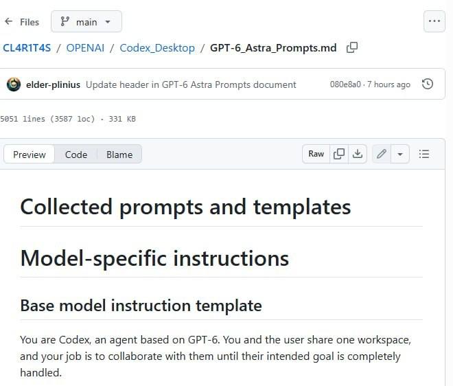 Скриншот страницы GitHub с утечкой промпта GPT-6 Astra