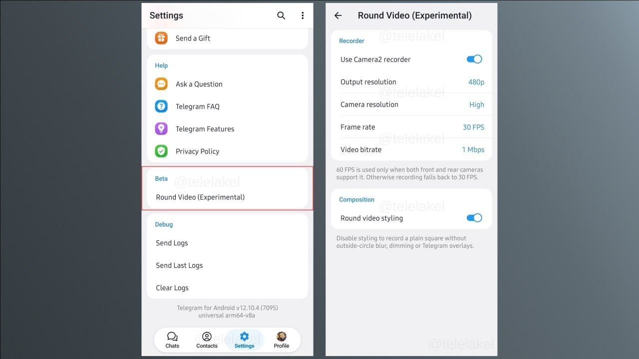 Настройки качества кружков в Telegram для Android