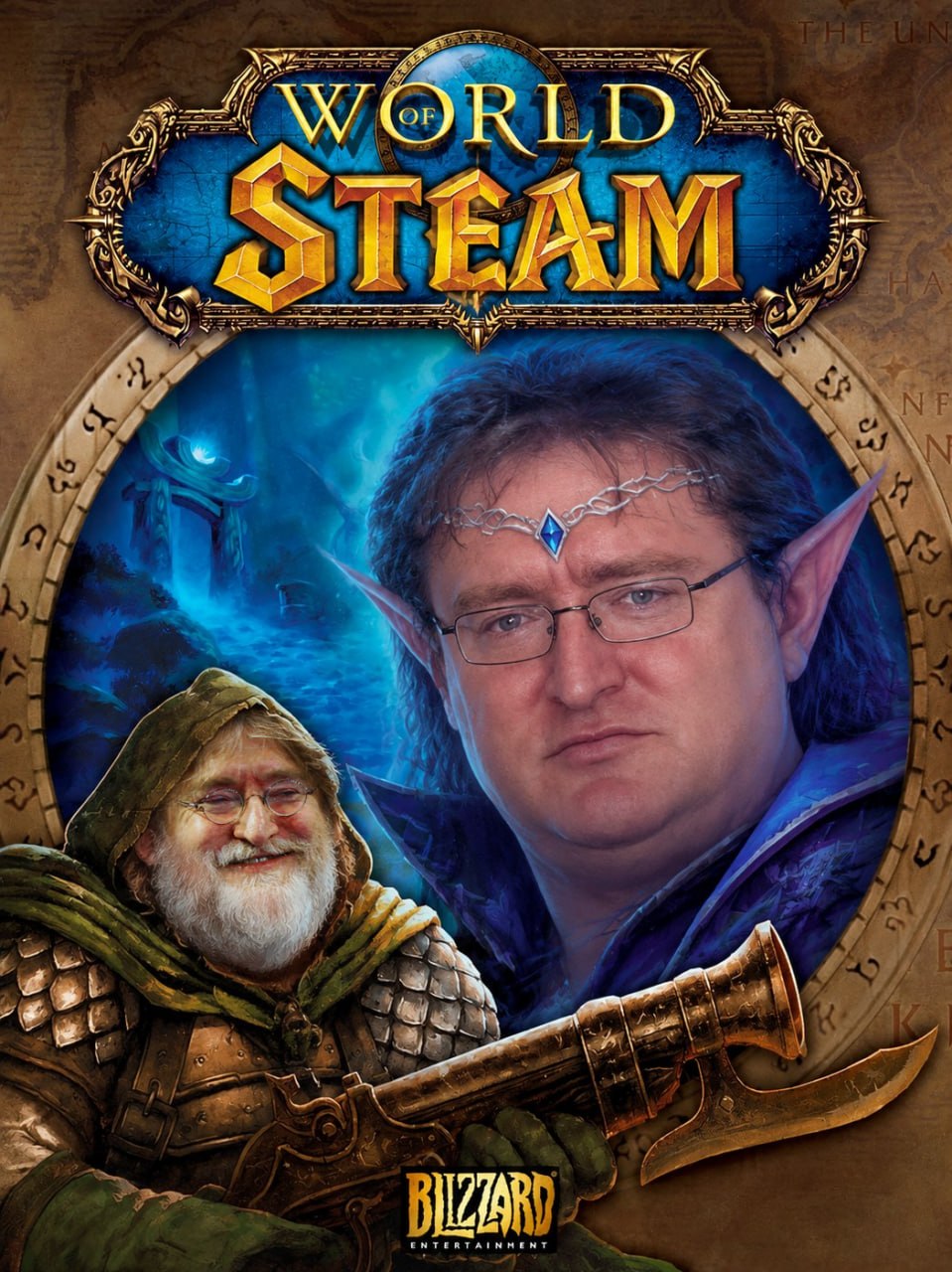 Гейб Ньюэлл и логотип Steam на фоне игрового интерфейса